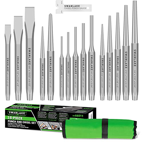 SWANLAKE Punch and Chisel Set, Including Taper Punch, Cold Chisels, Pin Punch, Center Punch (16pcs) SWANLAKE GARDEN TOOLS