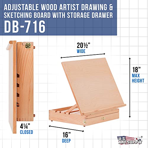US Art Supply Adjustable Wood Artist Drawing & Sketching Board with Storage Drawer US Art Supply