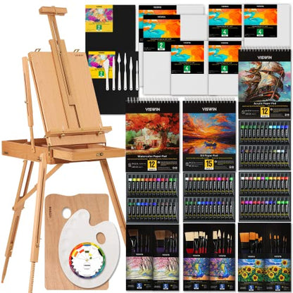 VISWIN All-in-One Artist Painting Set, 147 Pcs Professional Painting Kit with French Easel, 96 Oil, Watercolor & Acrylic Paint Set, Canvas, - WoodArtSupply