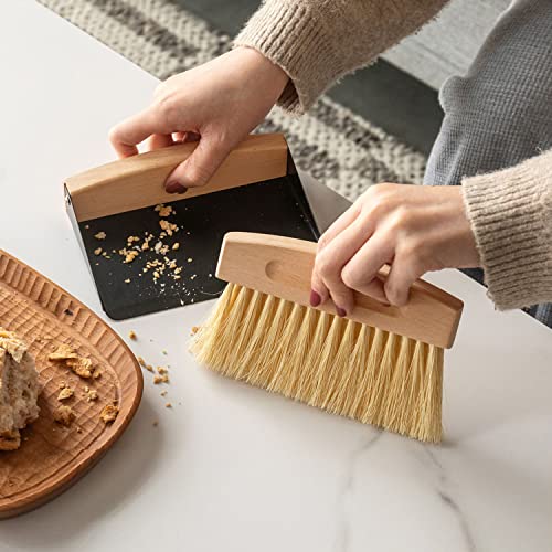 OAKART Mini Metal Dustpan and Brush Set for Sweeping Crumbs Fireplace, Natural Table Sweeper Combo Black Horsehair - WoodArtSupply