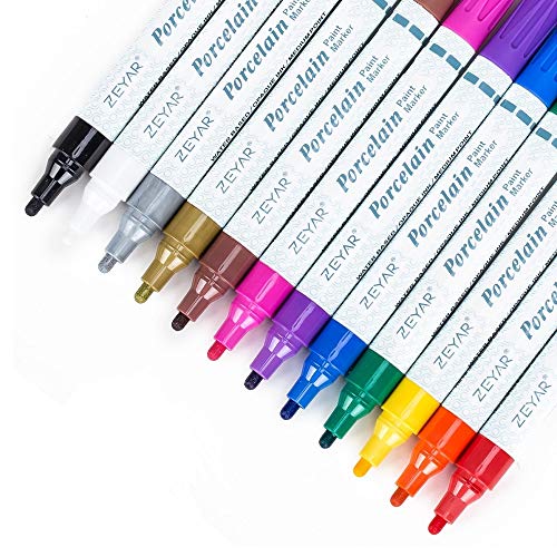 ZEYAR Acrylic Paint Pens for Porcelain, Professional Ceramic painting, 12 colors Water-based, Medium Point, Water and Fade Resistant, DIY on Mugs and - WoodArtSupply