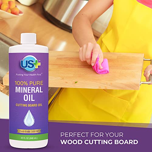 US+ 32oz 100% Pure Mineral Oil - Cutting Board Oil - Food-Grade - USP - Restores & Protects Cutting Boards, Butcher Blocks, Countertops, Steel US+