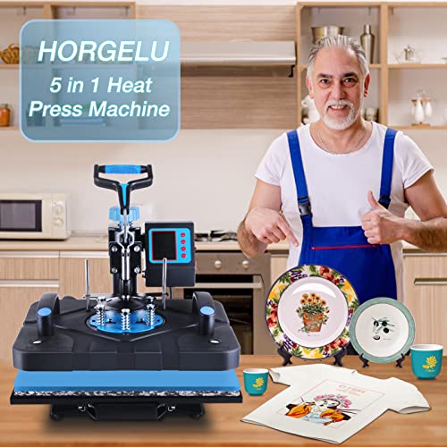 HORGELU Upgraded 5 in 1 Heat Press Machine 12x15 Inch Heat Transfer Machine 360-Degree Swing Away Multifunction Digital Sublimation Combo Heat Press Horgelu