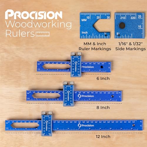 Procision Woodworking Ruler, Set of 3 (12, 8, 6 Inch), Precise Woodworking Pocket Ruler with Extra Wide 2" Sliding Attachment, Slide Rule T-Type - WoodArtSupply