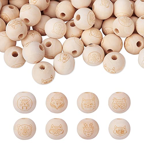 Craftdady 80pcs 15-16mm Round Wood Beads Unfinished Wood European Spacer Beads Large Hole Wooden Beads with Animal Cat Pattern for DIY Macrame