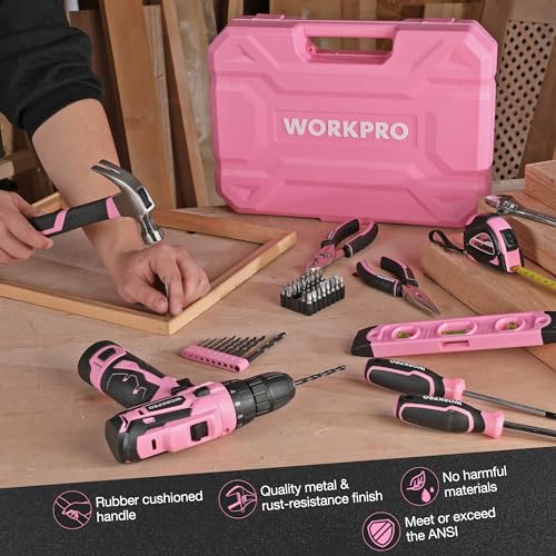 WORKPRO Pink Tool Set with Power Drill, 108PCS Portable Ladies Pink Drill Kit for Home with Toolbox and Pink Hammer, 1.5 Ah Cordless Drills with WORKPRO