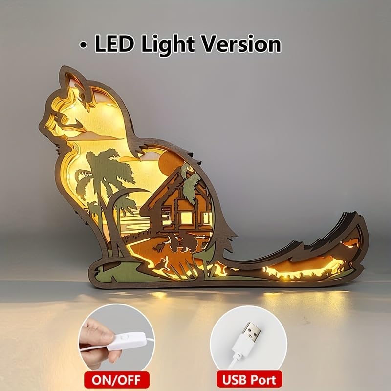 3D Wooden Animals Carving LED Night Light, Wood Carved Lamp Modern Festival Decoration Home Decor Desktop Desk Table Living Room Bedroom Office Farmhouse Shelf Statues Perfect Gifts (Doll Cat)