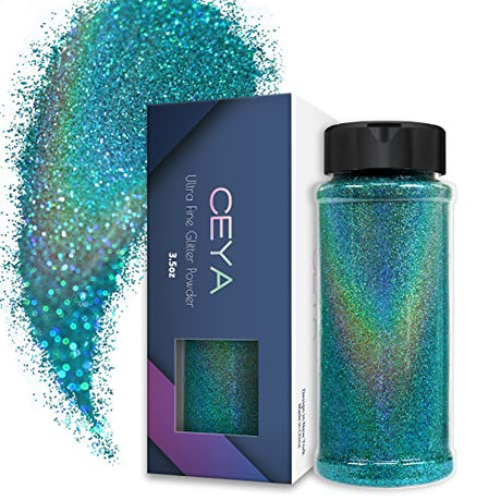 Ceya 3.5oz/ 100g Holographic Ultra Fine Glitter Powder Laser Cyan Glitter 1/128” 0.008” 0.2mm for Slime Epoxy Resin Craft Tumbler Jewelry Nail Art ceya