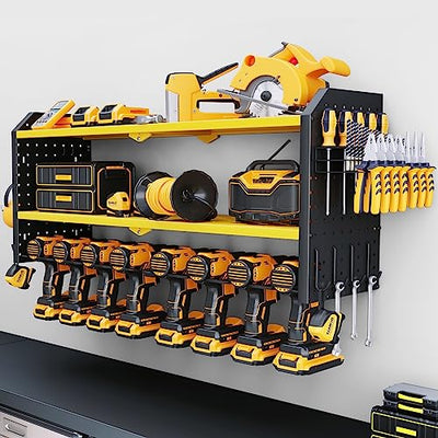KAFAHOM Power Tool Organizer,Large 8 Drill Holder Wall Mount with 2 Side Pegboards,Metal Tool Shelf with 12 Hooks,Storage Rack for Garage