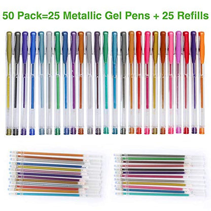 Shuttle Art 50 Pack Metallic Gel Pens, 25 Metallic Gel Pens Set with 25 Refills Perfect for Adult Coloring Books Doodling Drawing Art Markers - WoodArtSupply