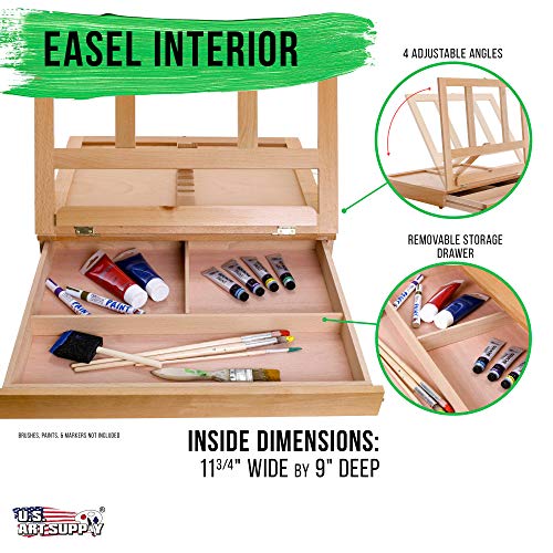 U.S. Art Supply Solana Adjustable Wood Desk Table Easel with Storage Drawer, Paint Palette, Premium Beechwood - Portable Wooden Artist Desktop, Board U.S. Art Supply
