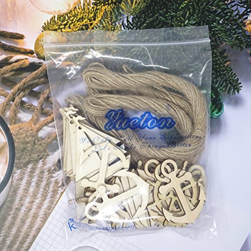 yueton 36PCS 3 Styles Nautical Themed Unfinished Wood Cutouts Wood Slices Wood Chips, Sailboat Rudder Anchor Wooden Cutouts, Wooden Hanging yueton