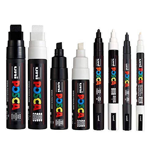 POSCA Black & White - Medium to Broad Set of 8 Pens (PC-17K, PC-8K, PC-5M, PC-3M)