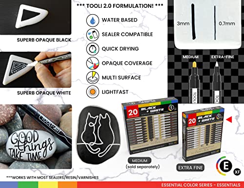 TOOLI-ART Black And White Acrylic Paint Markers Paint Pens Set For Rock Painting, Canvas, Mugs, Metal, Glass Paint, Fabric, Wood, DIY. Non Toxic, TOOLI-ART