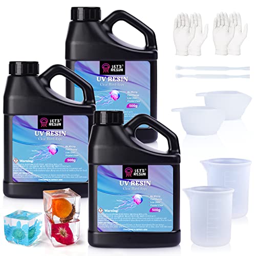 LET'S RESIN UV Resin, Upgraded 1500g Ultraviolet Epoxy Resin Clear, Odorless & Low Shrinkage UV Resin Hard with Silicone Measuring Cups, UV Resin Kit