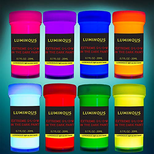 Luminous Extreme Glow in The Dark Paint - Set of 8 x 20 ml / 0.7 fl oz pots - Self-Luminous Glowing Neon Paints – High Pigmentation Long-Lasting individuall