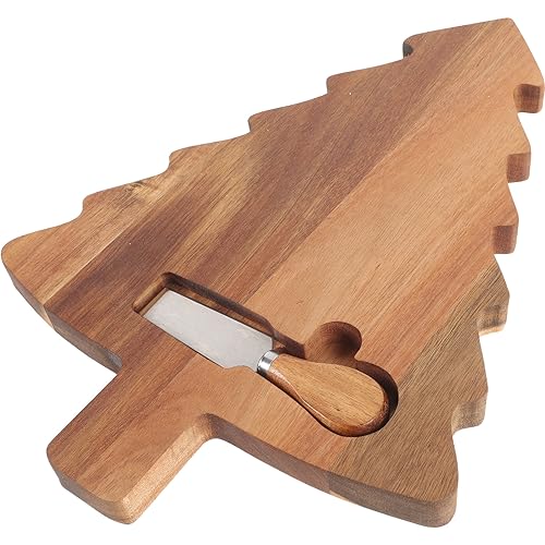 Amosfun Christmas Tree Charcuterie Board Wood Cutting Board Food Serving Tray Cheese Bread Pizza Snack Plate with Cutter for Vegetables Fruit Bread Amosfun