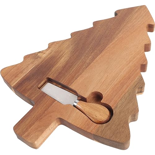 Amosfun Christmas Tree Charcuterie Board Wood Cutting Board Food Serving Tray Cheese Bread Pizza Snack Plate with Cutter for Vegetables Fruit Bread - WoodArtSupply