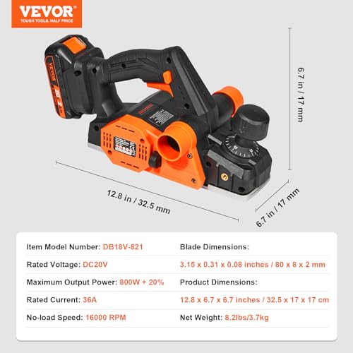VEVOR Cordless Electric Hand Planer, 3-1/4" Width, 16000 RPM Handheld Wood Planer with Battery 5/64" Adjustable Depth HSS Blades Dual Side Dust VEVOR