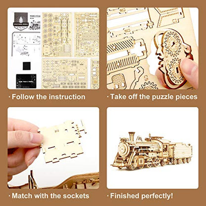 ROBOTIME 3D Puzzles for Adults-Wooden Model Car Kits Train Puzzle Sets for Adults/Teens to Build-Unique Birthday 1:80 Scale Model Prime Steam Express