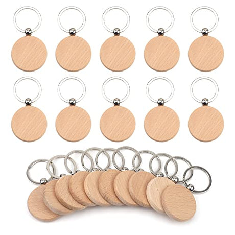 ASUNFO Pack of 20 Round Wood Blanks Keychain Unfinished Wooden Blank Key Chain Chains for Engraving Crafts Ornament ASUNFO