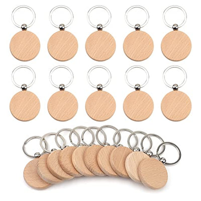 ASUNFO Pack of 20 Round Wood Blanks Keychain Unfinished Wooden Blank Key Chain Chains for Engraving Crafts Ornament