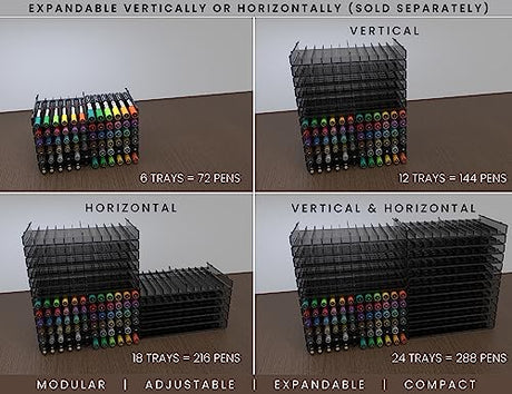 TOOLI-ART 72 Art Marker Storage Tray Desk Organizer Holder, Adjustable Dividers, Modular, Expandable, Stackable, Fit Most Pen, Pencil, Brushes. TOOLI-ART