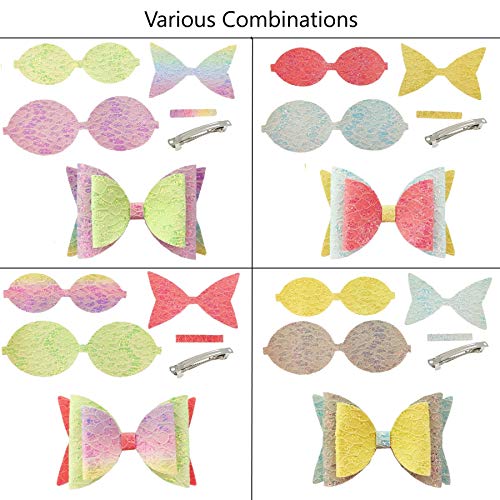 AOUXSEEM 10 Set Faux Leather Hair Bows DIY Making Kit for Beginner, Contains Pre Cut Pastel Lace Chunky Glitter Fabric and Silver Metal Spring Clips, AOUXSEEM