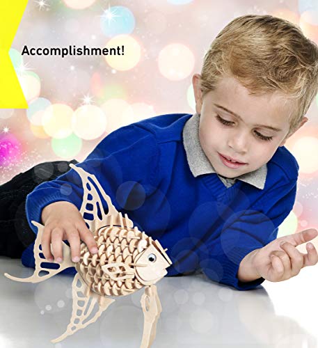Puzzled 3D Puzzle Angel Fish Wood Craft Construction Model Kit, Fun Unique & Educational DIY Wooden Toy Assemble Model Unfinished Crafting Hobby