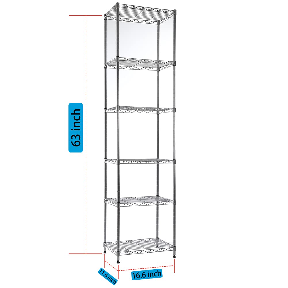 GIOTORENT 6-Tier Standing Shelving Metal Units, Adjustable Height Wire Shelf Display Rack for Laundry Bathroom Kitchen 16.6” x 11.6” x 63” GIOTORENT