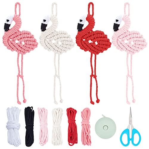 FREEBLOSS 4 Set Macrame Flamingo Ornament Boho Keychain Ornament Macrame Keychain DIY Kit Keychain Bag Charm for Girls Macrame Kit for Adults - WoodArtSupply