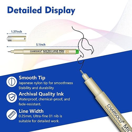 CHARSOCO 01 Micro Pen, Fine Point Pen with 12 Colors, Waterproof Archival Ink, 0.25mm Fineliner Ink Pens for Artist Illustration, Sketching, Anime, CHARSOCO