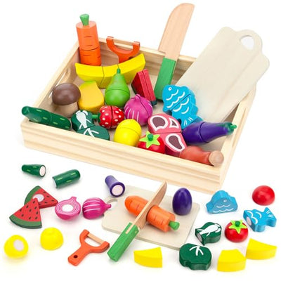 Wooden Play Food Sets for Kids Kitchen Cutting Fruits Vegetables and Meat Pretend Play Toddler Toys Food Montessori Toys Gift for Boys and Girls