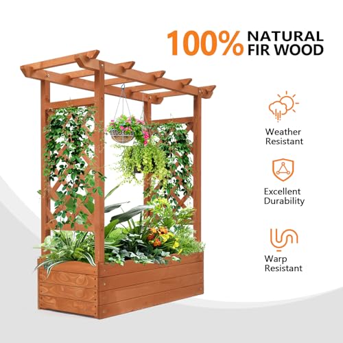 VINGLI Raised Garden Bed with Trellis & Hanging Roof, Wooden Garden Bed, Outdoor Planter Box for Yard, Garden, Balcony