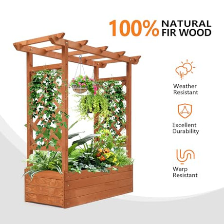 VINGLI Raised Garden Bed with Trellis & Hanging Roof, Wooden Garden Bed, Outdoor Planter Box for Yard, Garden, Balcony VINGLI