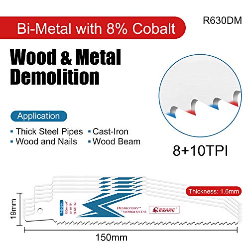 EZARC Reciprocating Saw Blade Bi-Metal Cobalt Sabre Saw Blades for Wood and Metal Demolition 6-Inch 8+10TPI R630DM (5-Pack) EZARC