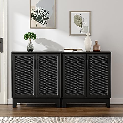 Anmytek Black Rattan Cabinet, Natural Rattan Storage Cabinet with 2 Doors Adjustable Shelf Large Space Entryway Hallway Cabinet Sideboard Buffet for Anmytek
