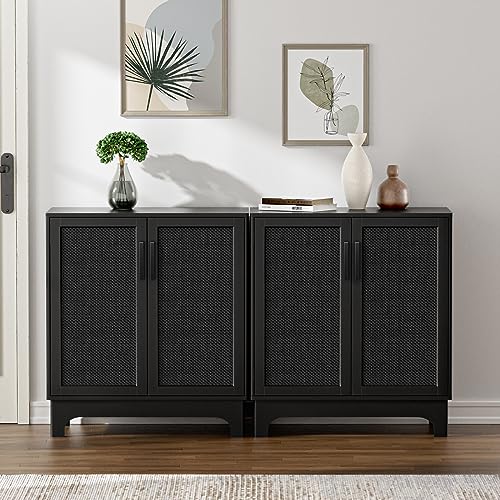 Anmytek Black Rattan Cabinet, Natural Rattan Storage Cabinet with 2 Doors Adjustable Shelf Large Space Entryway Hallway Cabinet Sideboard Buffet for - WoodArtSupply