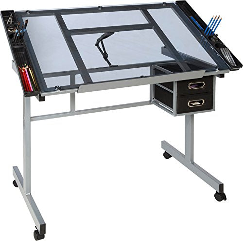 OneSpace Craft Station with Blue Glass Drafting, Silver OneSpace