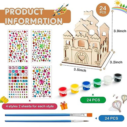 Zhanmai 24 Set Paint Wooden Castle Crafts Kit DIY Princess Castle Wooden Crafts Kit with Paint Brushes and Rhinestone Stickers for Kids Girls - WoodArtSupply