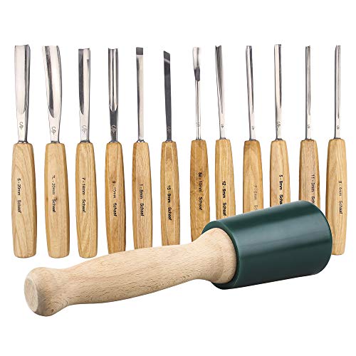 12pc Carving Set and 12oz Carving Mallet Starter Bundle Schaaf Wood Carving Tools