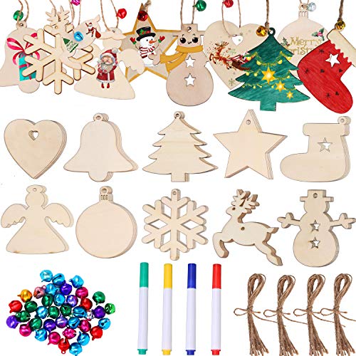 50 Pieces Christmas Wooden Ornaments Blanks Pendants Unfinished Wood Slices Hanging for Festivals DIY Crafts Decoration, 10 Styles