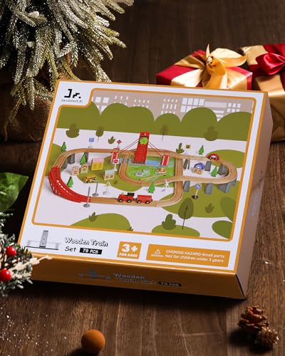 SainSmart Jr. Wooden Train Set for Toddler, 78 PCS Wood Train Track with 4 Cars Fits Brio, Thomas, Melissa and Doug, Gift Packed Toy Railway Kit for SainSmart Jr.