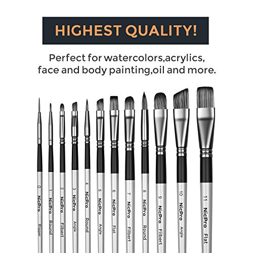 Nicpro 12 PCS Acrylic Paint Brushes Adult Art Paint Brush Set for Watercolor Oil Gouache Face Body Craft Miniatures Painting,Paintbrushes Nicpro