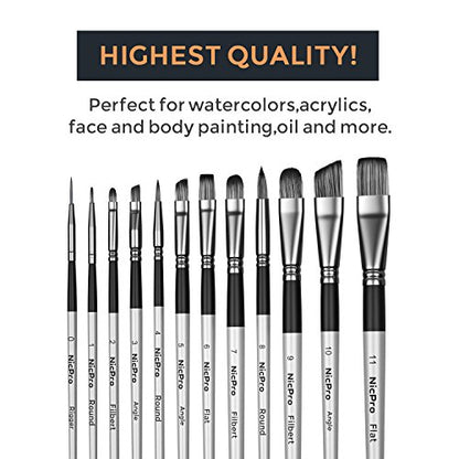 Nicpro 12 PCS Acrylic Paint Brushes Adult Art Paint Brush Set for Watercolor Oil Gouache Face Body Craft Miniatures Painting,Paintbrushes - WoodArtSupply