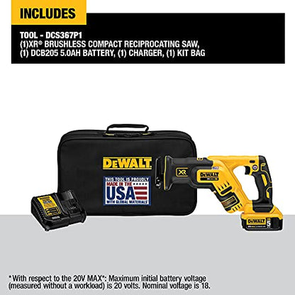 DEWALT 20V MAX XR Compact Reciprocating Saw, 5.0-Amp Hour, Cordless (DCS367P1)
