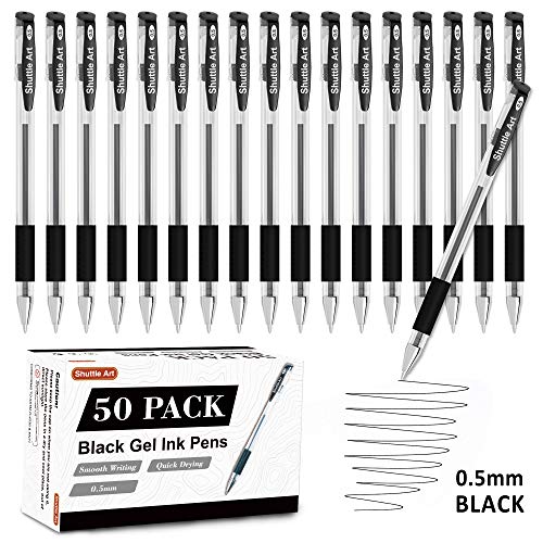 Shuttle Art Black Gel Pens, 50 Pack Fine Point Black Ink Pens Bulk, 0.5mm Rollerball Gel Ink Pens Smooth Writing with Comfortable Grip for Office, Shuttle Art