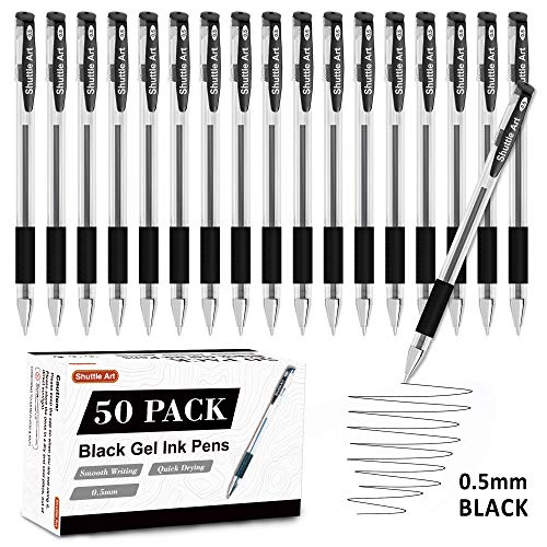 Shuttle Art Black Gel Pens, 50 Pack Fine Point Black Ink Pens Bulk, 0.5mm Rollerball Gel Ink Pens Smooth Writing with Comfortable Grip for Office, - WoodArtSupply