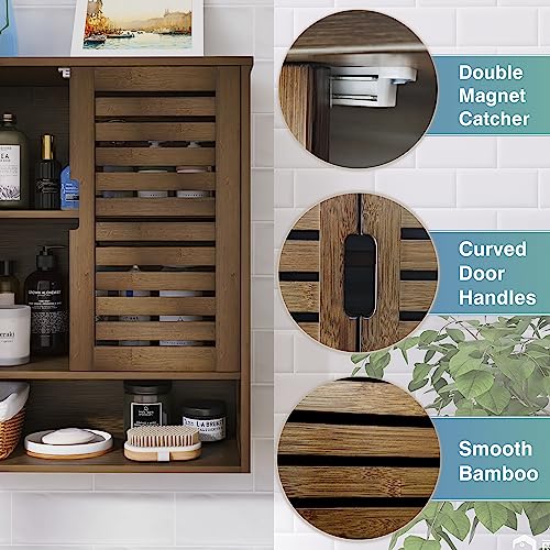 SMIBUY Bathroom Cabinet Wall Mounted, Bamboo Over-The-Toilet Storage Organizer, Space Saver Medicine Cabinet with 2 Door and Adjustable Shelves SMIBUY