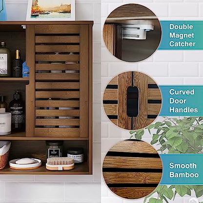 SMIBUY Bathroom Cabinet Wall Mounted, Bamboo Over-The-Toilet Storage Organizer, Space Saver Medicine Cabinet with 2 Door and Adjustable Shelves - WoodArtSupply